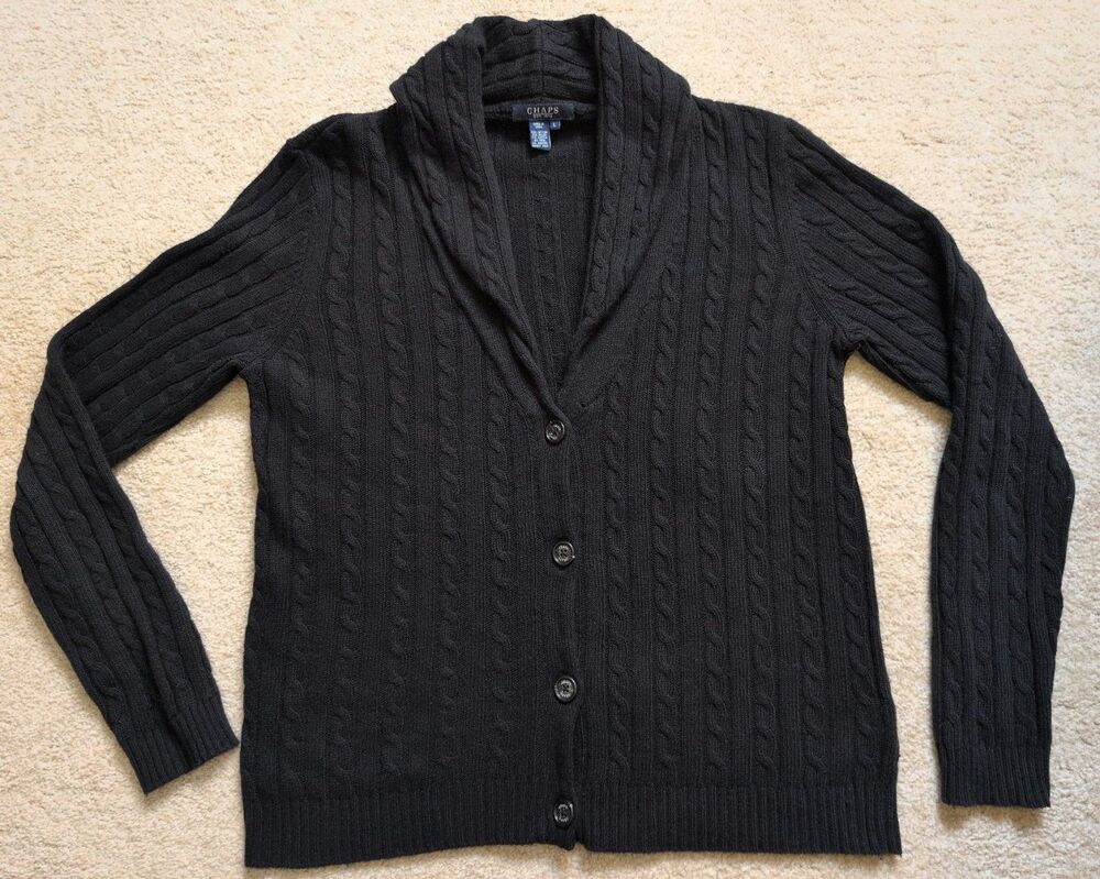 Chaps Cable Knit Shawl Collar Button Front Cardigan Sweater Size L Deep Black